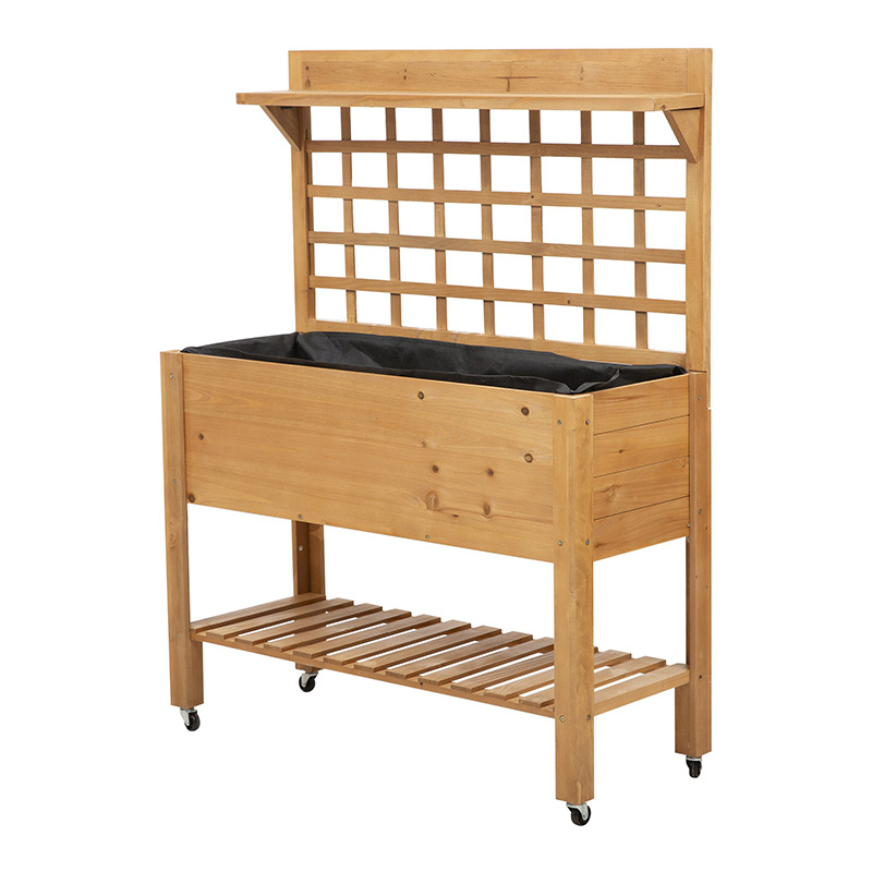 41'x18'x53' تخت مرتفع باغ با قفسه و چرخ جعبه های گیاهی گلکاری چوب جامد برای گل سبزیجات در فضای باز/داخلی - قهوه ای