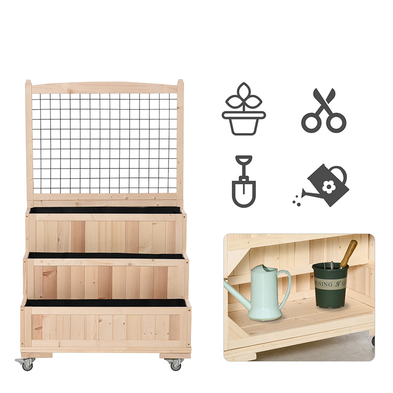 تخت باغی سه طبقه چوبی مرتفع با چرخ، داربست، فضای ذخیره سازی پشتی، قابل جابجایی آسان برای گل، گیاهان، طبیعی