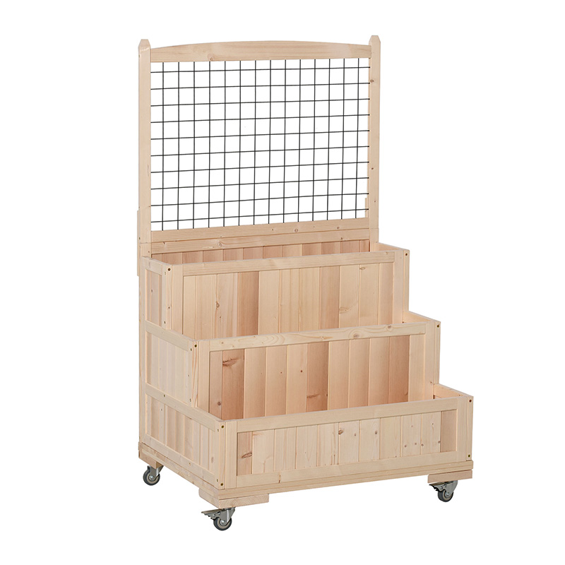 تخت باغی سه طبقه چوبی مرتفع با چرخ، داربست، فضای ذخیره سازی پشتی، قابل جابجایی آسان برای گل، گیاهان، طبیعی