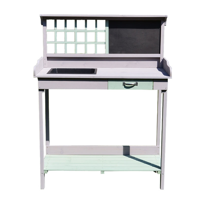 میز نیمکت گلدانی چوبی در فضای باز با سینک قابل جابجایی، ایستگاه کاری باغ با تخته گچی، کشو، انبار قفسه باز میز نیمکت گلدانی چوبی در فضای باز با سینک قابل جابجایی، ایستگاه کاری باغ با تخته گچی، کشو، انبار قفسه باز